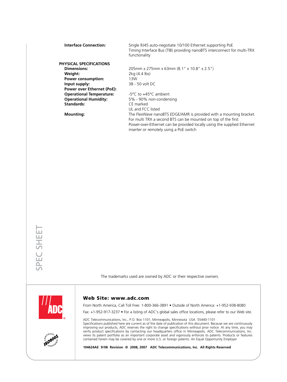 Spec sheet | ADC FlexWave nanoBTS User Manual | Page 4 / 4