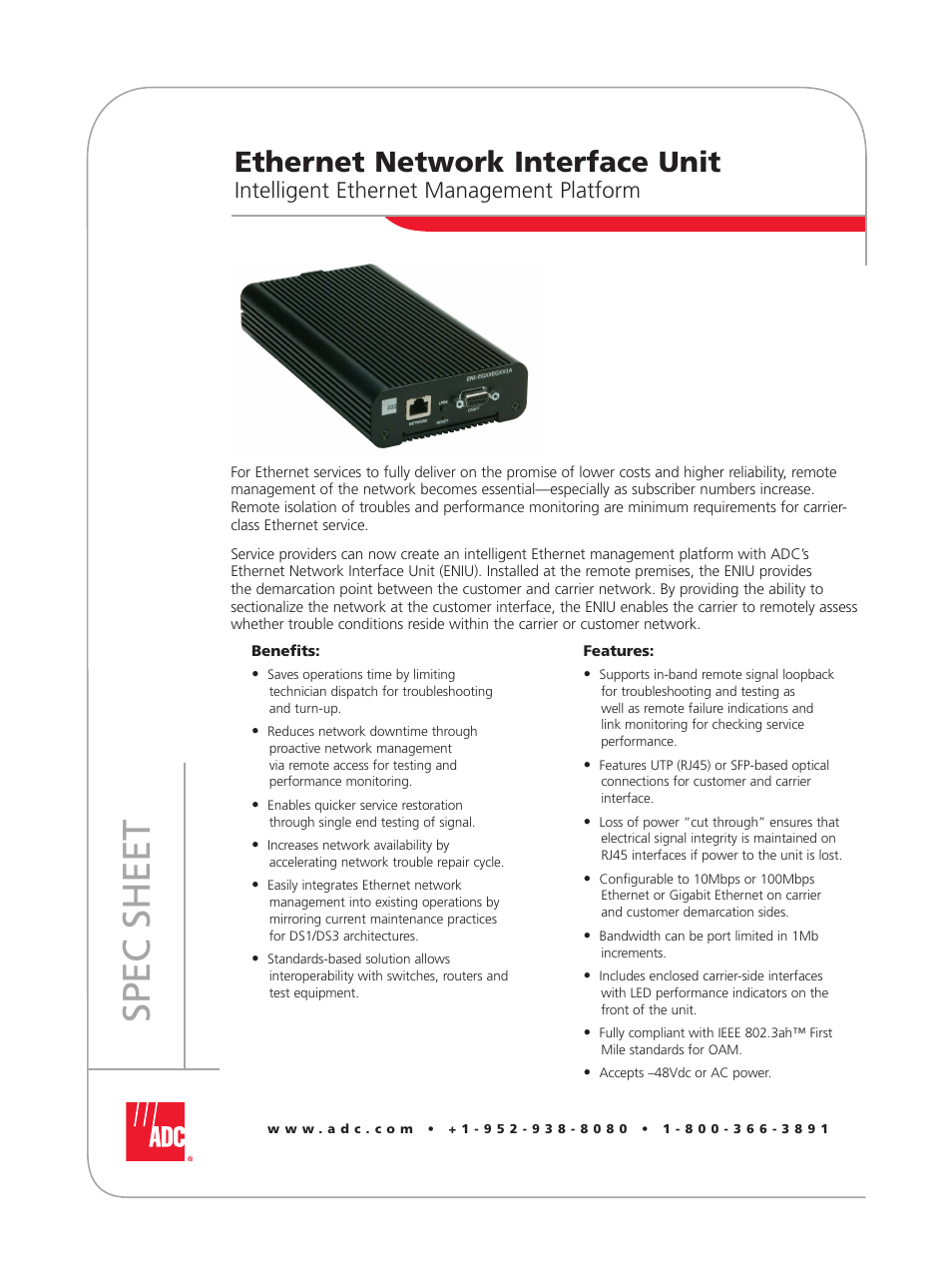 ADC Ethernet Network Interface Unit User Manual | 2 pages