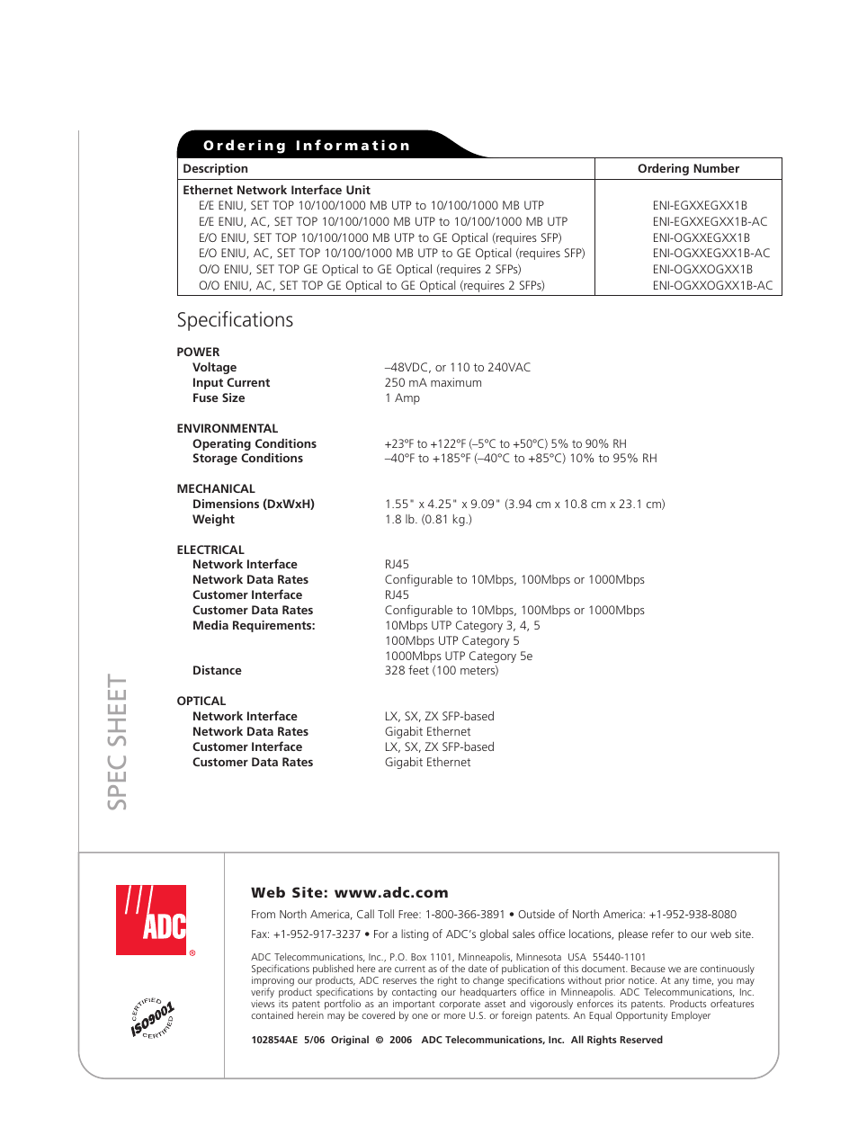 Sp ec s h ee t, Specifications | ADC Ethernet Network Interface Unit User Manual | Page 2 / 2