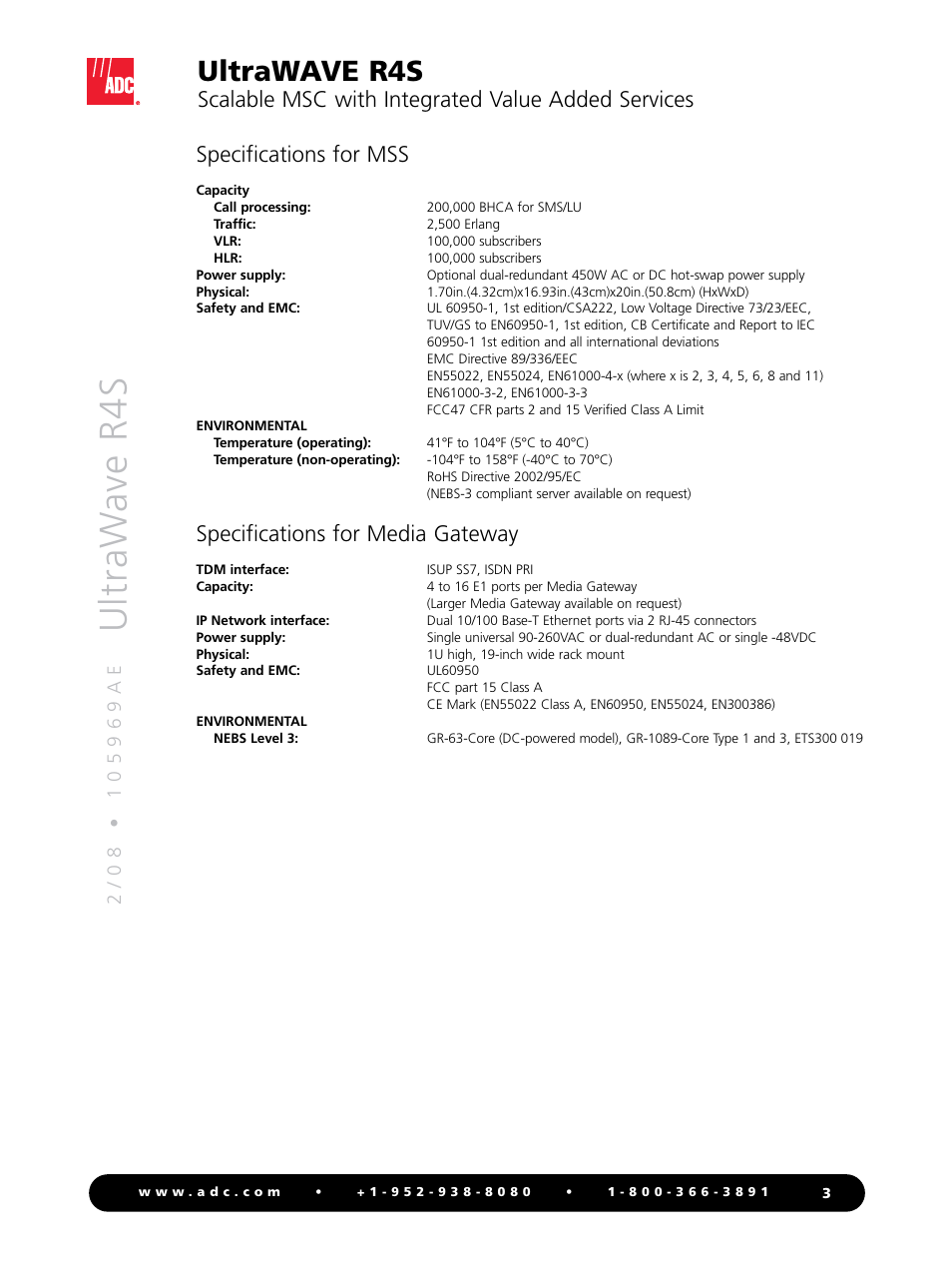 Ultraw ave r4s, Ultrawave r4s, Specifications for media gateway | ADC UltraWAVE R4S User Manual | Page 3 / 4