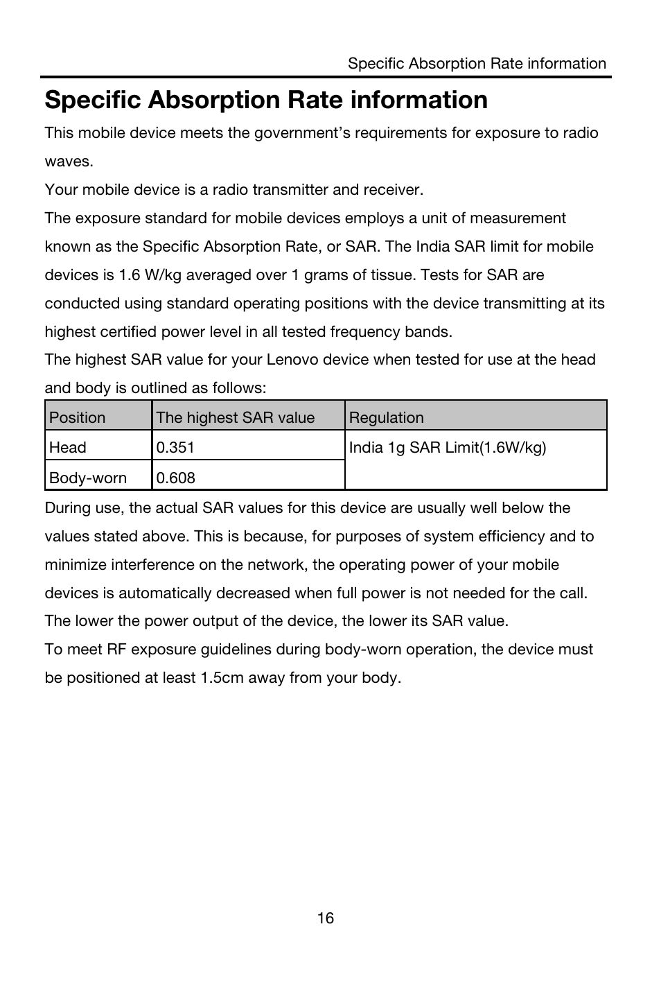 Specific absorption rate information | Lenovo S850 Smartphone User Manual | Page 18 / 20