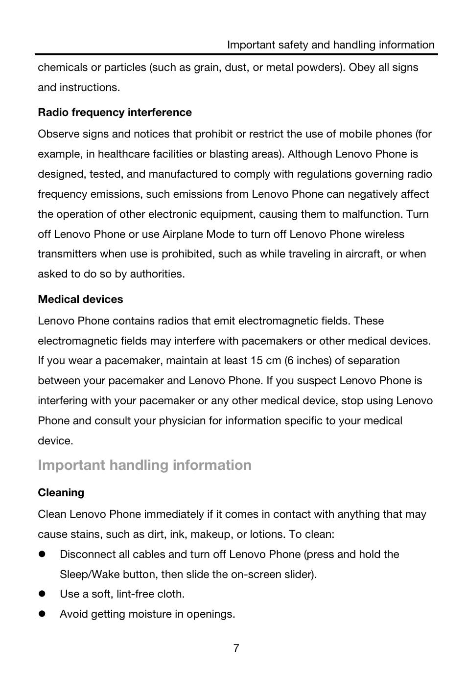 Important handling information | Lenovo S850 Smartphone User Manual | Page 9 / 20