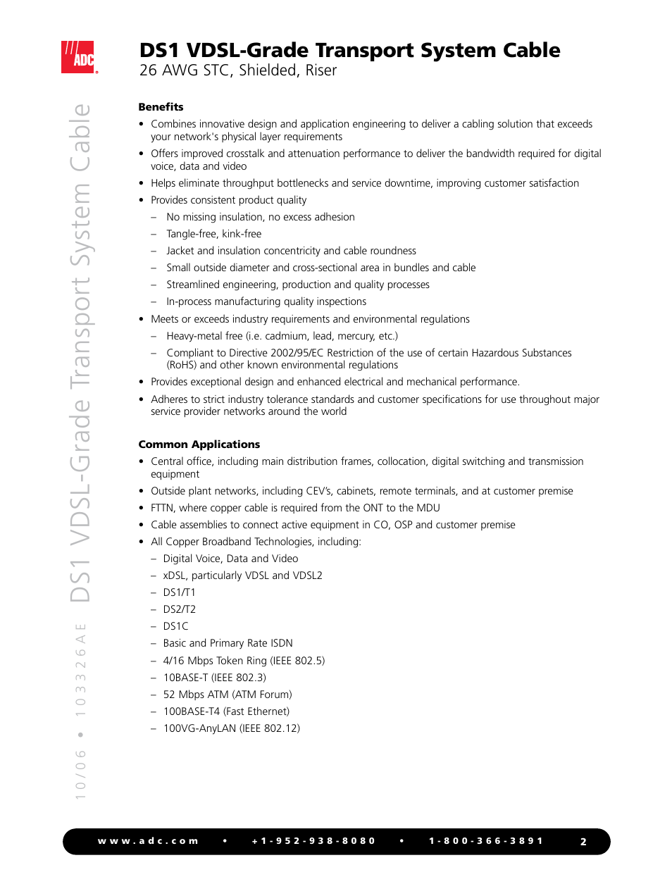 Ds1 vdsl-grade transport system cable | ADC DS1 VDSL-Grade Transport System Cable 103326AE User Manual | Page 2 / 4