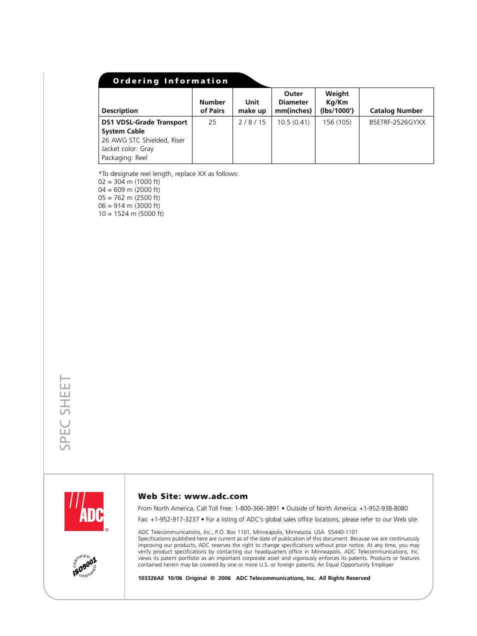 Sp ec s h ee t | ADC DS1 VDSL-Grade Transport System Cable 103326AE User Manual | Page 4 / 4