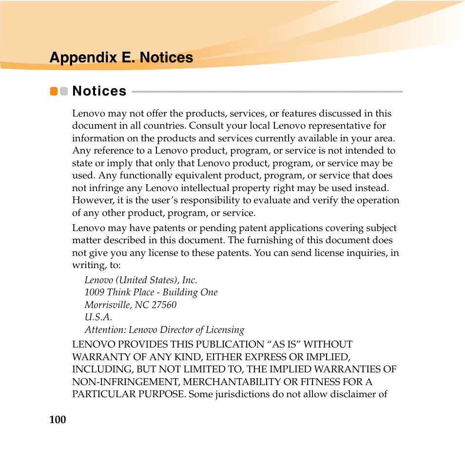 Appendix e. notices, Notices | Lenovo IdeaPad U165 User Manual | Page 114 / 143