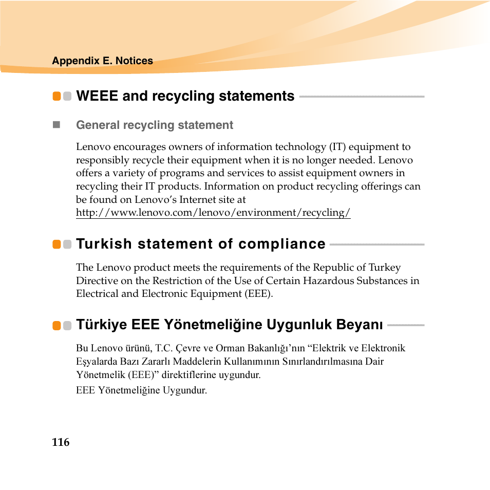 Weee and recycling statements, Turkish statement of compliance, Türkiye eee yönetmeliğine uygunluk beyanı | Lenovo IdeaPad U165 User Manual | Page 130 / 143