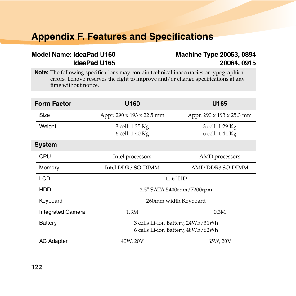 Appendix f. features and specifications, Appendix f. features and, Specifications | Lenovo IdeaPad U165 User Manual | Page 136 / 143