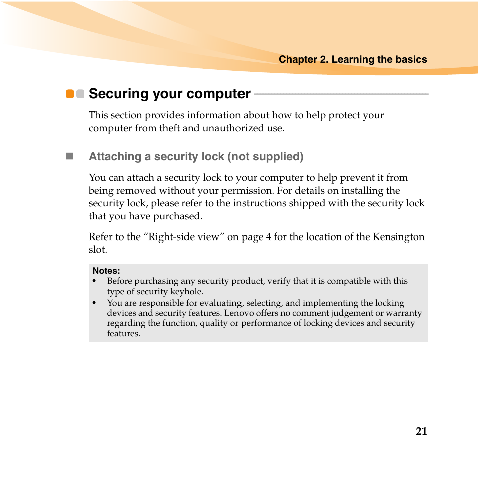 Securing your computer | Lenovo IdeaPad U165 User Manual | Page 35 / 143