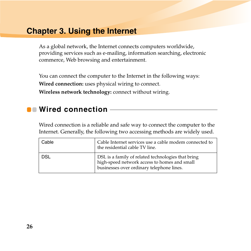 Chapter 3. using the internet, Wired connection | Lenovo IdeaPad U165 User Manual | Page 40 / 143