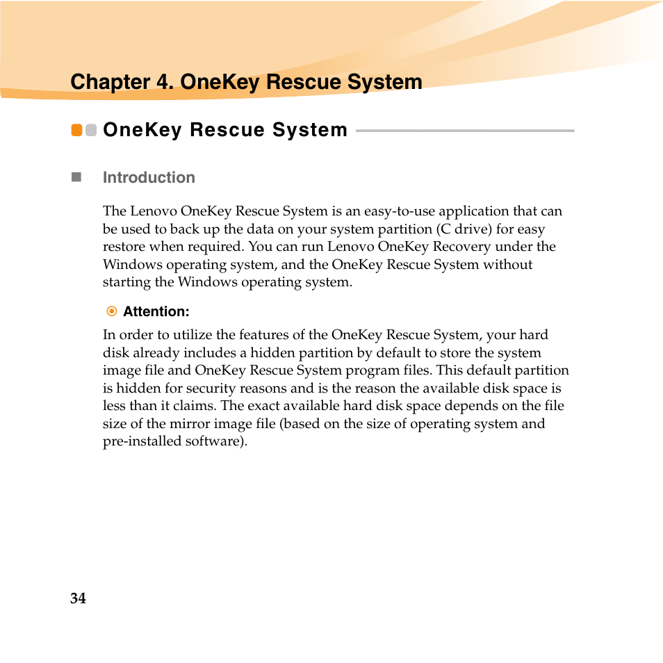 Chapter 4. onekey rescue system, Onekey rescue system | Lenovo IdeaPad U165 User Manual | Page 48 / 143