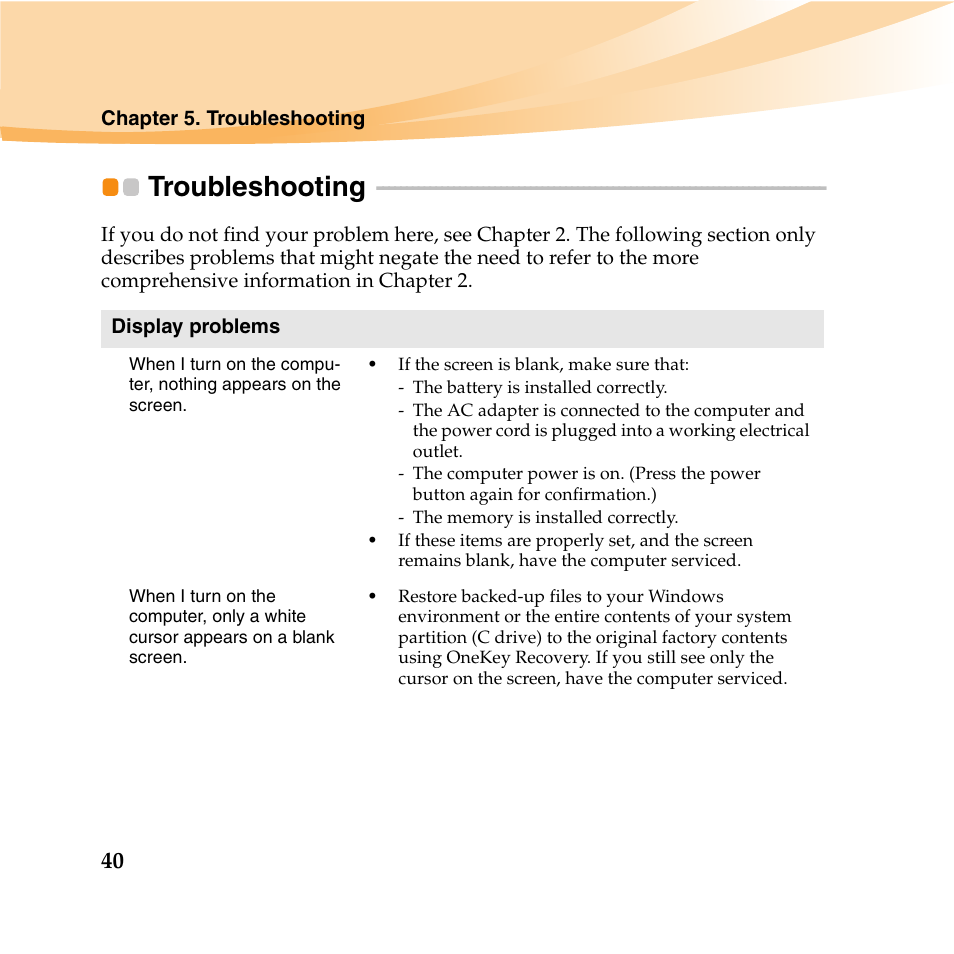 Troubleshooting | Lenovo IdeaPad U165 User Manual | Page 54 / 143