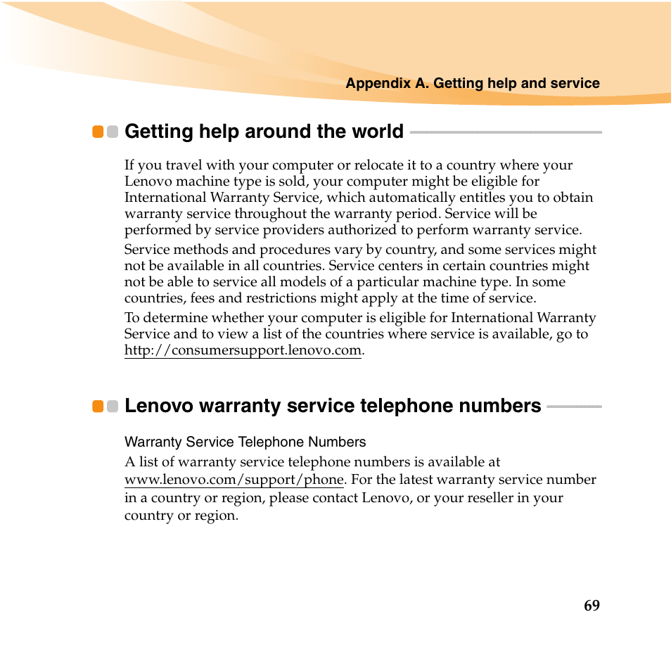 Getting help around the world, Lenovo warranty service telephone numbers | Lenovo IdeaPad U165 User Manual | Page 83 / 143