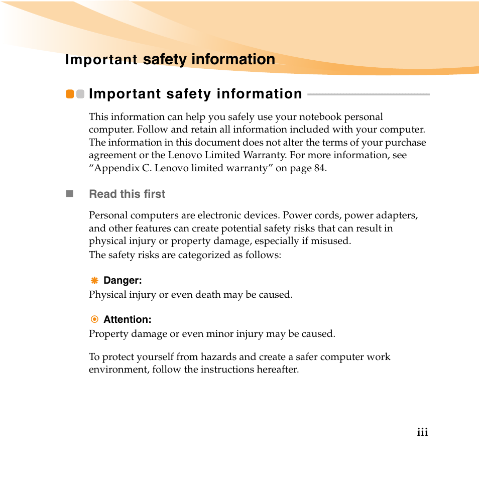 Important safety information, Important safety information...... iii, Important safety information ....iii | Safety information, Important | Lenovo IdeaPad U165 User Manual | Page 9 / 143