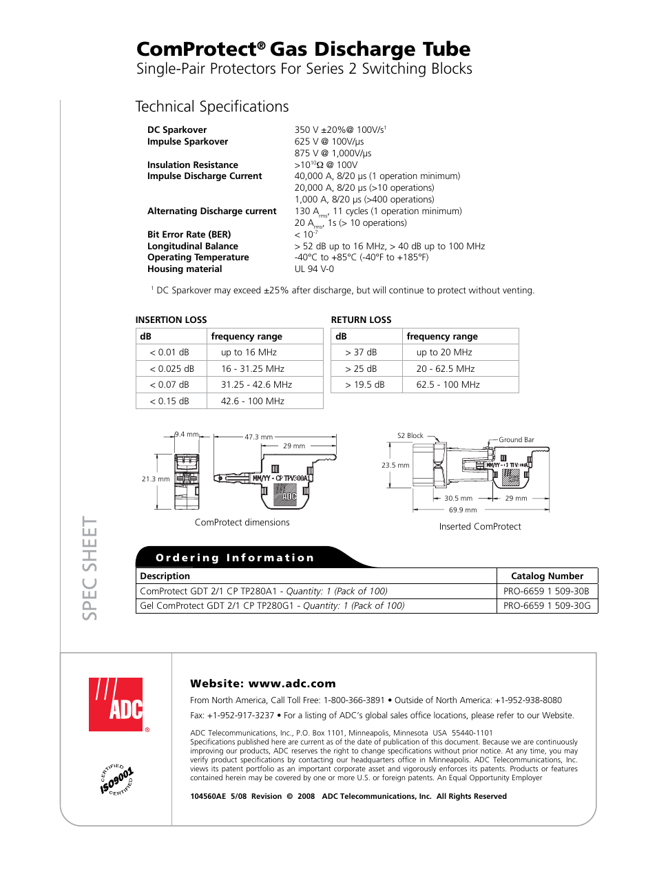 Spec sheet, Comprotect, Gas discharge tube | Technical specifications | ADC Gas Discharge Tube ComProtect User Manual | Page 2 / 2