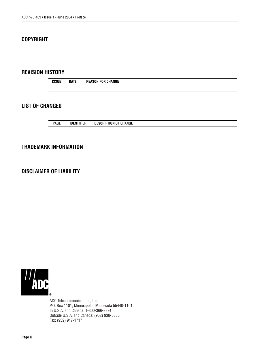 Copyright, Revision history list of changes, Trademark information | Disclaimer of liability | ADC 19717-A User Manual | Page 2 / 32
