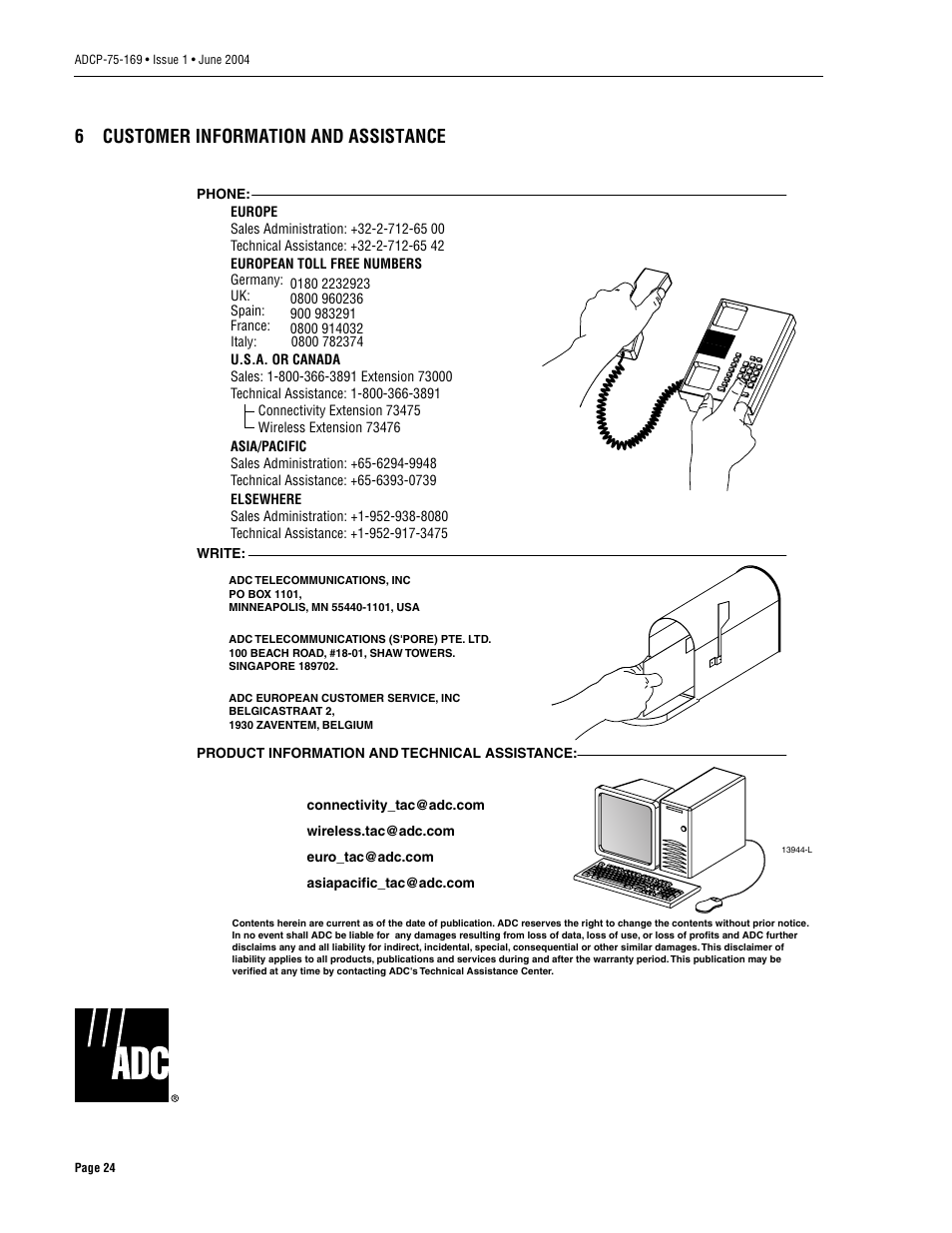 6 customer information and assistance, Customer information and assistance, 6customer information and assistance | ADC 19717-A User Manual | Page 32 / 32