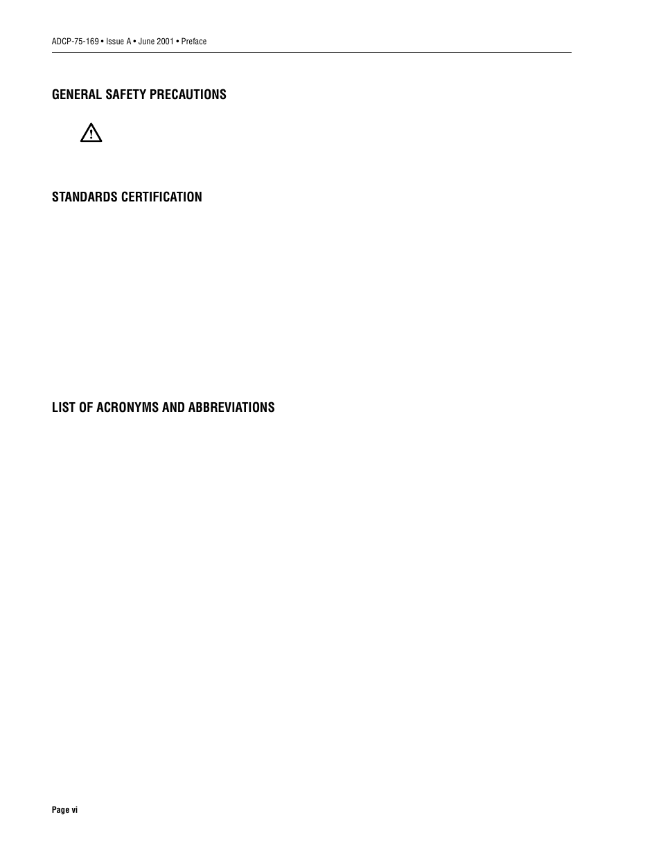 General safety precautions, Standards certification, List of acronyms and abbreviations | ADC 19717-A User Manual | Page 6 / 32