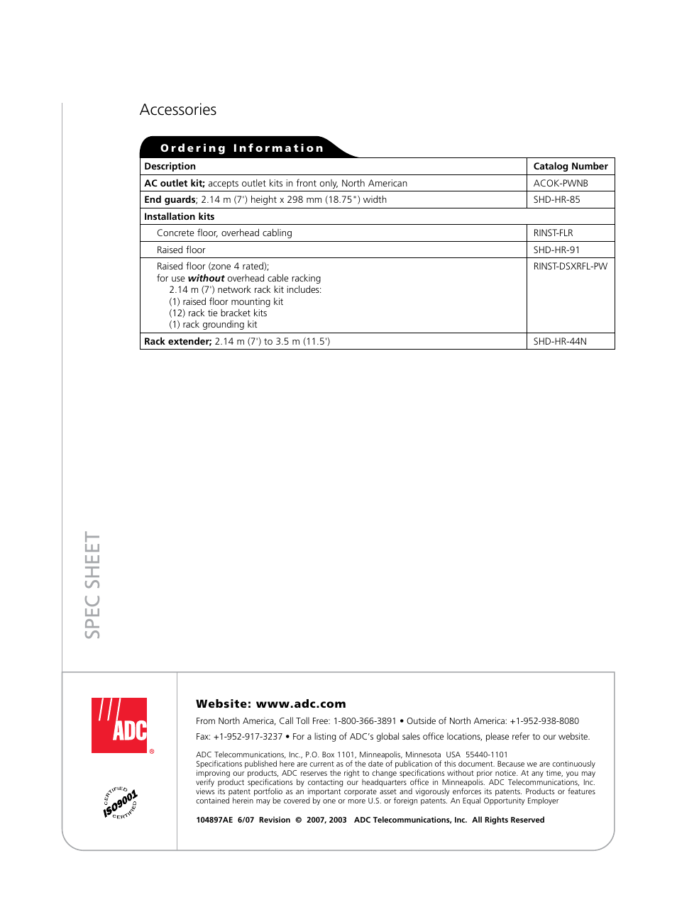 Sp ec s h ee t, Accessories | ADC Cross-Connect Family FlexDSX User Manual | Page 4 / 4