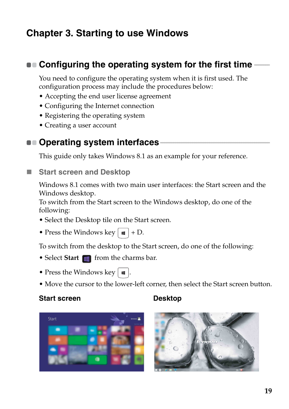 Chapter 3. starting to use windows, Operating system interfaces | Lenovo M30-70 Notebook User Manual | Page 23 / 46