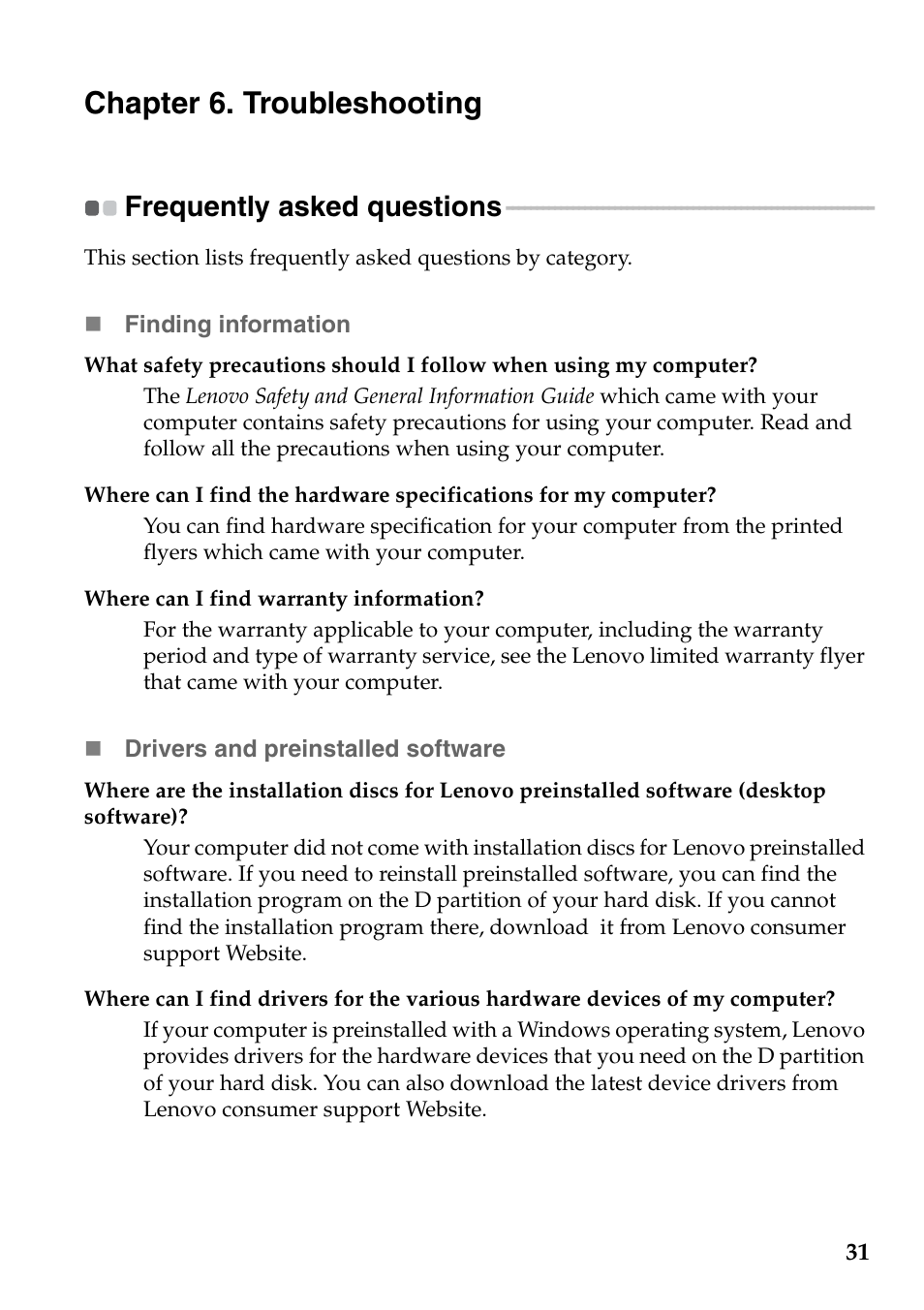 Chapter 6. troubleshooting, Frequently asked questions | Lenovo M30-70 Notebook User Manual | Page 35 / 46