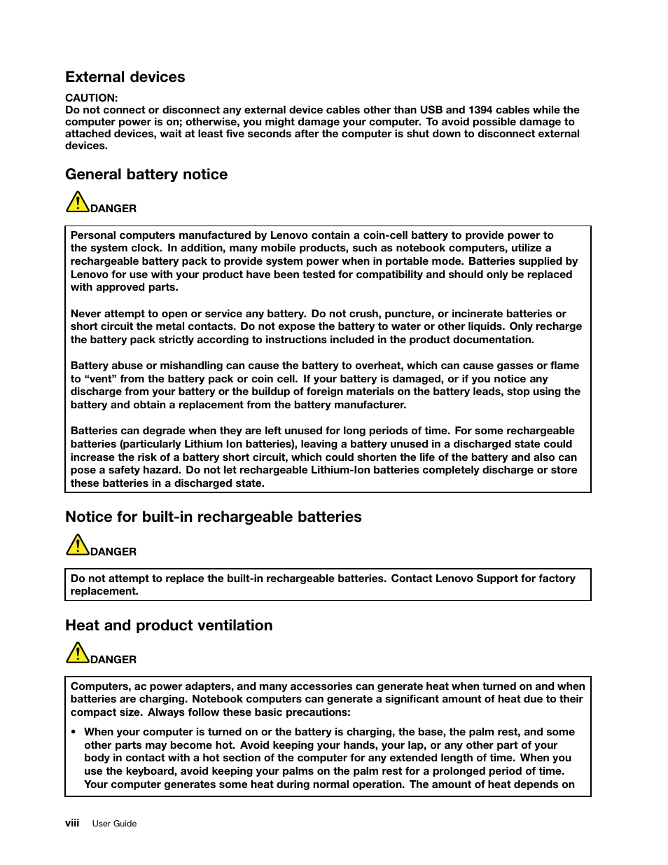 External devices, General battery notice, Notice for built-in rechargeable batteries | Heat and product ventilation, Viii | Lenovo ThinkPad 11e Chromebook User Manual | Page 10 / 78
