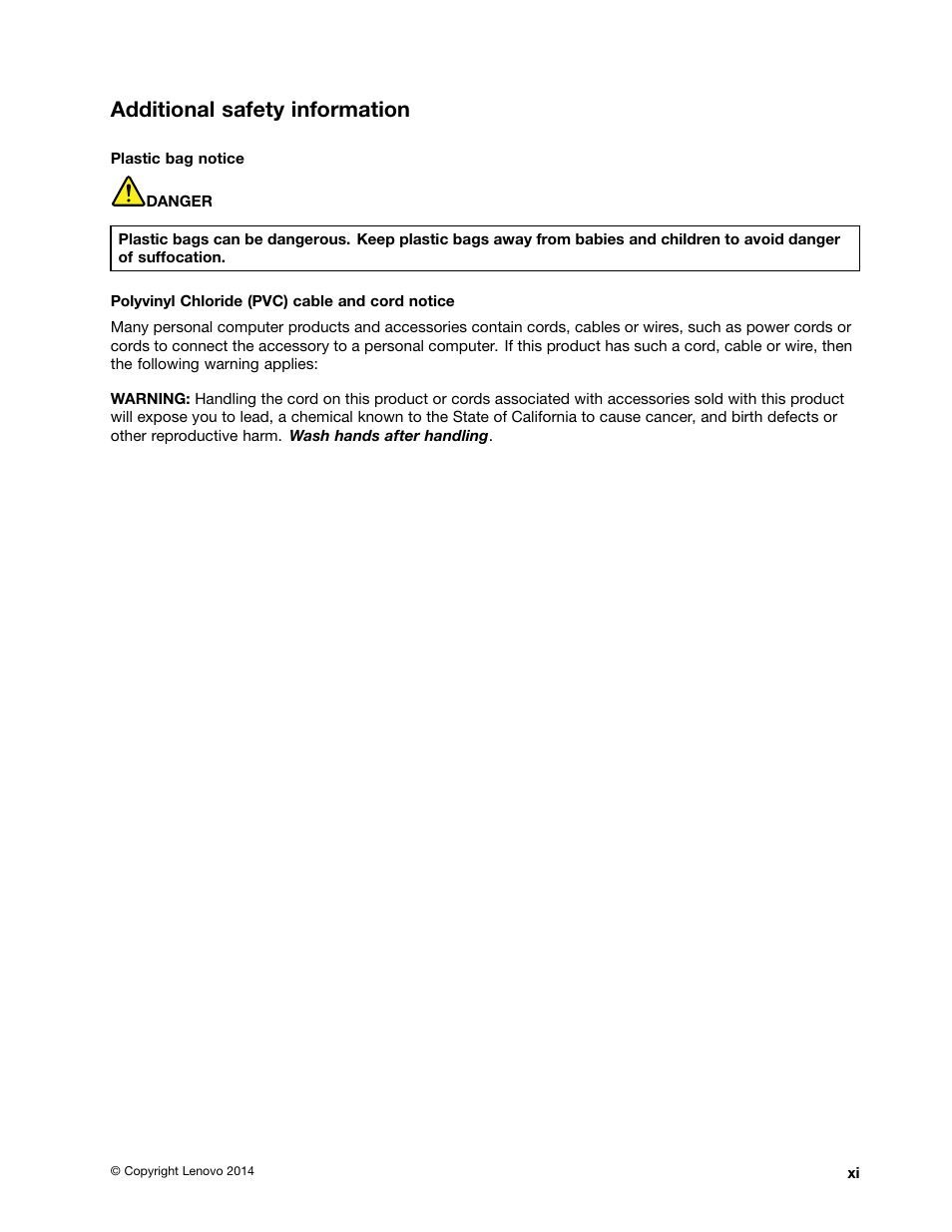 Additional safety information, Additional safety information . . . . . . . . xi | Lenovo ThinkPad 11e Chromebook User Manual | Page 13 / 78