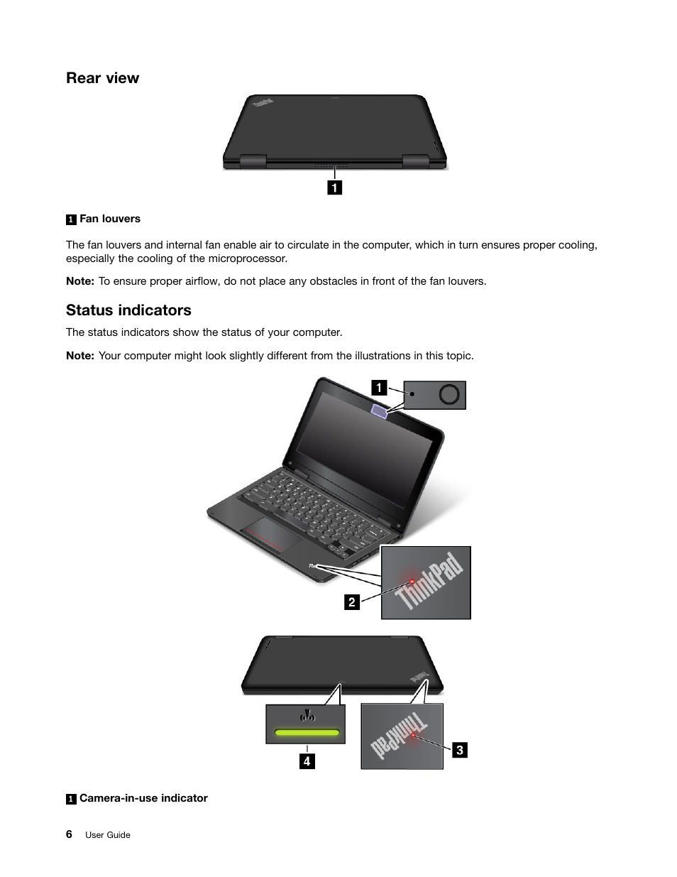 Rear view, Status indicators | Lenovo ThinkPad 11e Chromebook User Manual | Page 20 / 78