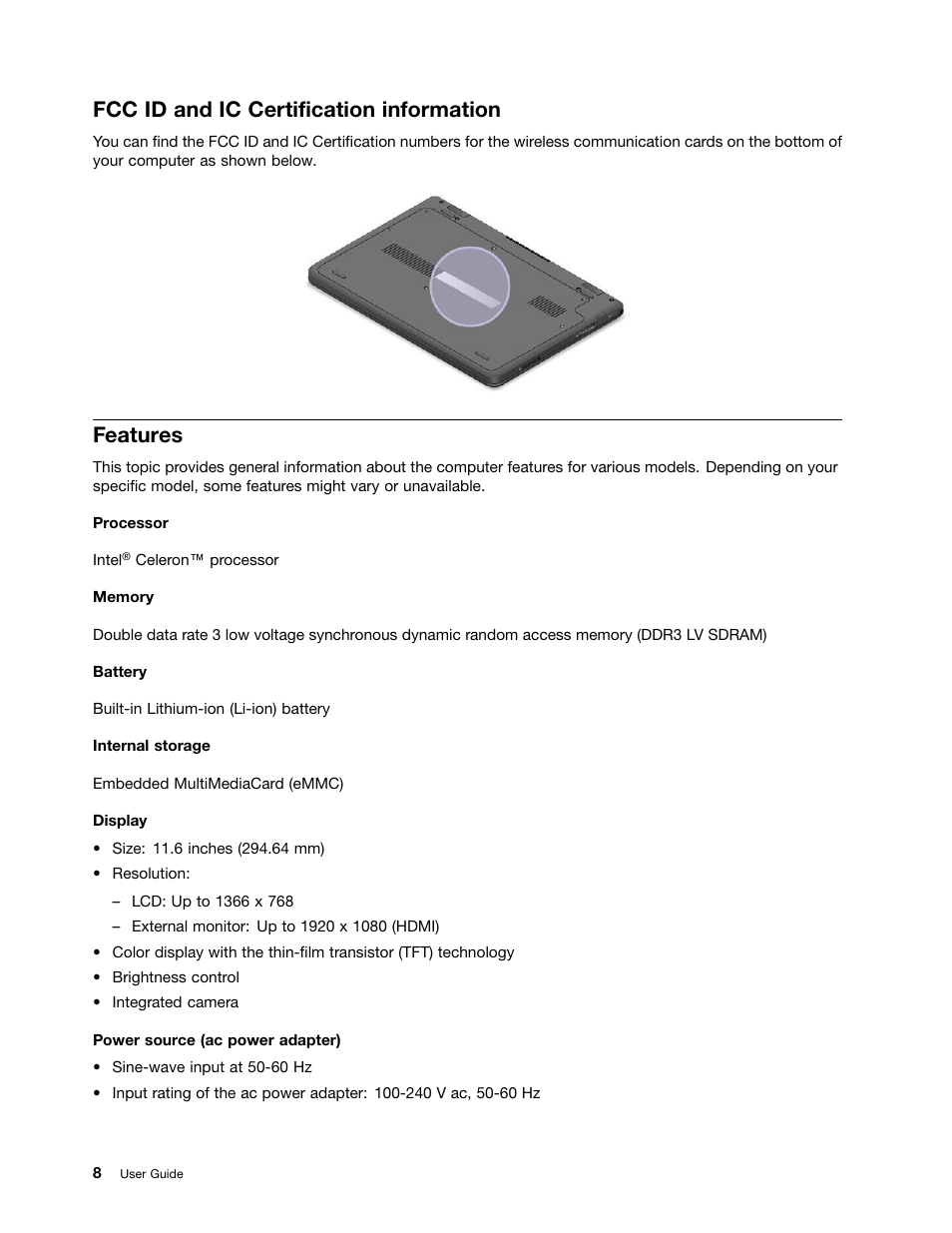 Fcc id and ic certification information, Features | Lenovo ThinkPad 11e Chromebook User Manual | Page 22 / 78