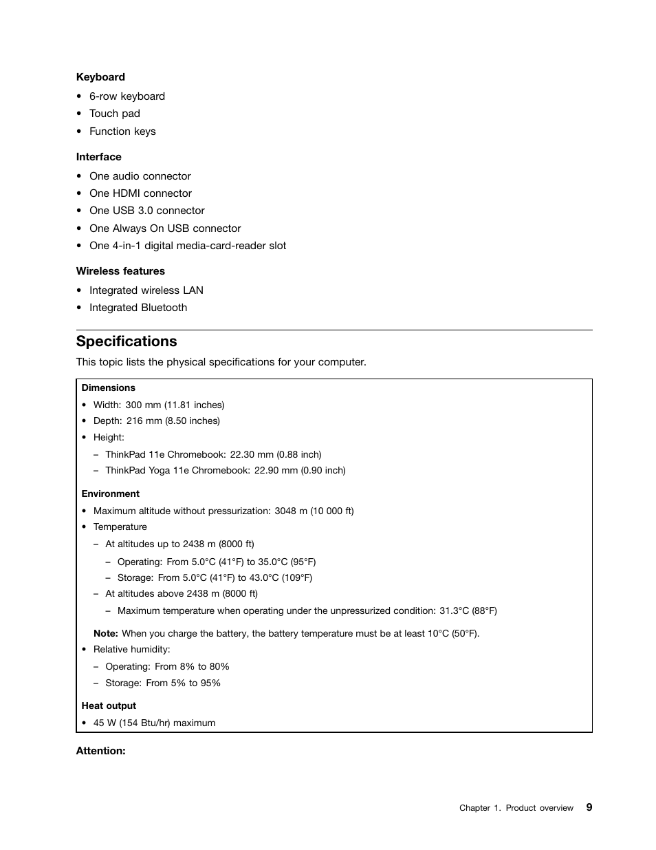 Specifications | Lenovo ThinkPad 11e Chromebook User Manual | Page 23 / 78