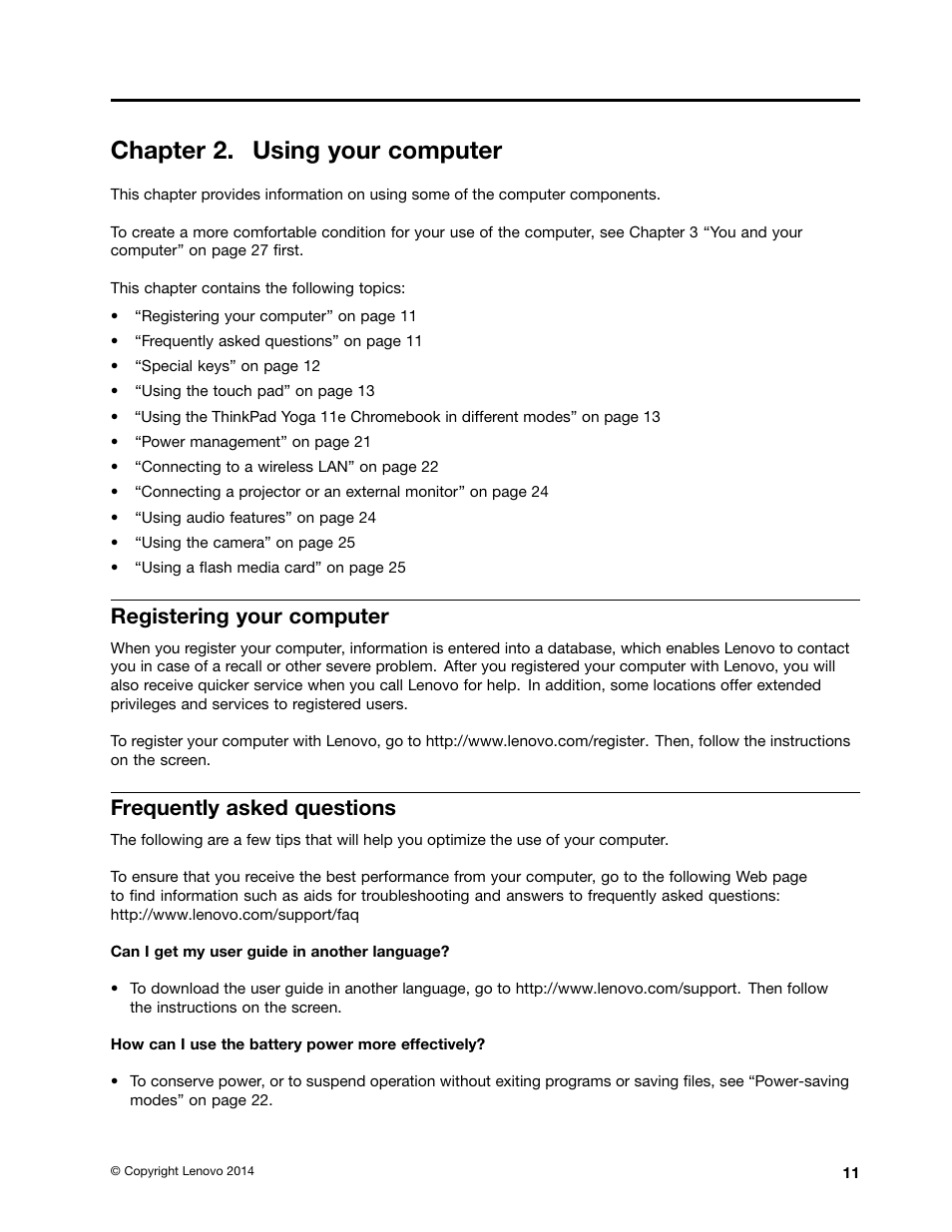 Chapter 2. using your computer, Registering your computer, Frequently asked questions | Lenovo ThinkPad 11e Chromebook User Manual | Page 25 / 78