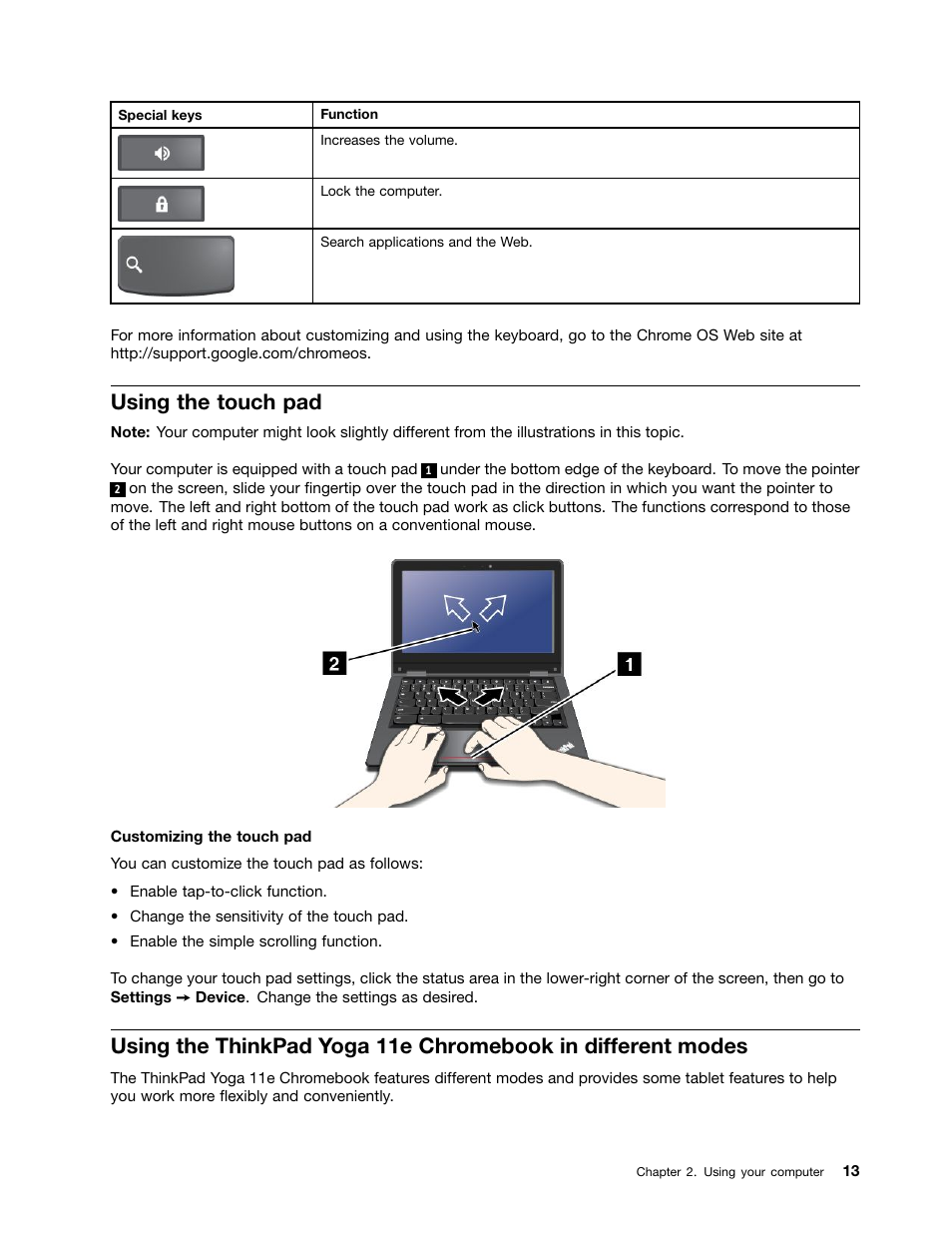 Using the touch pad | Lenovo ThinkPad 11e Chromebook User Manual | Page 27 / 78