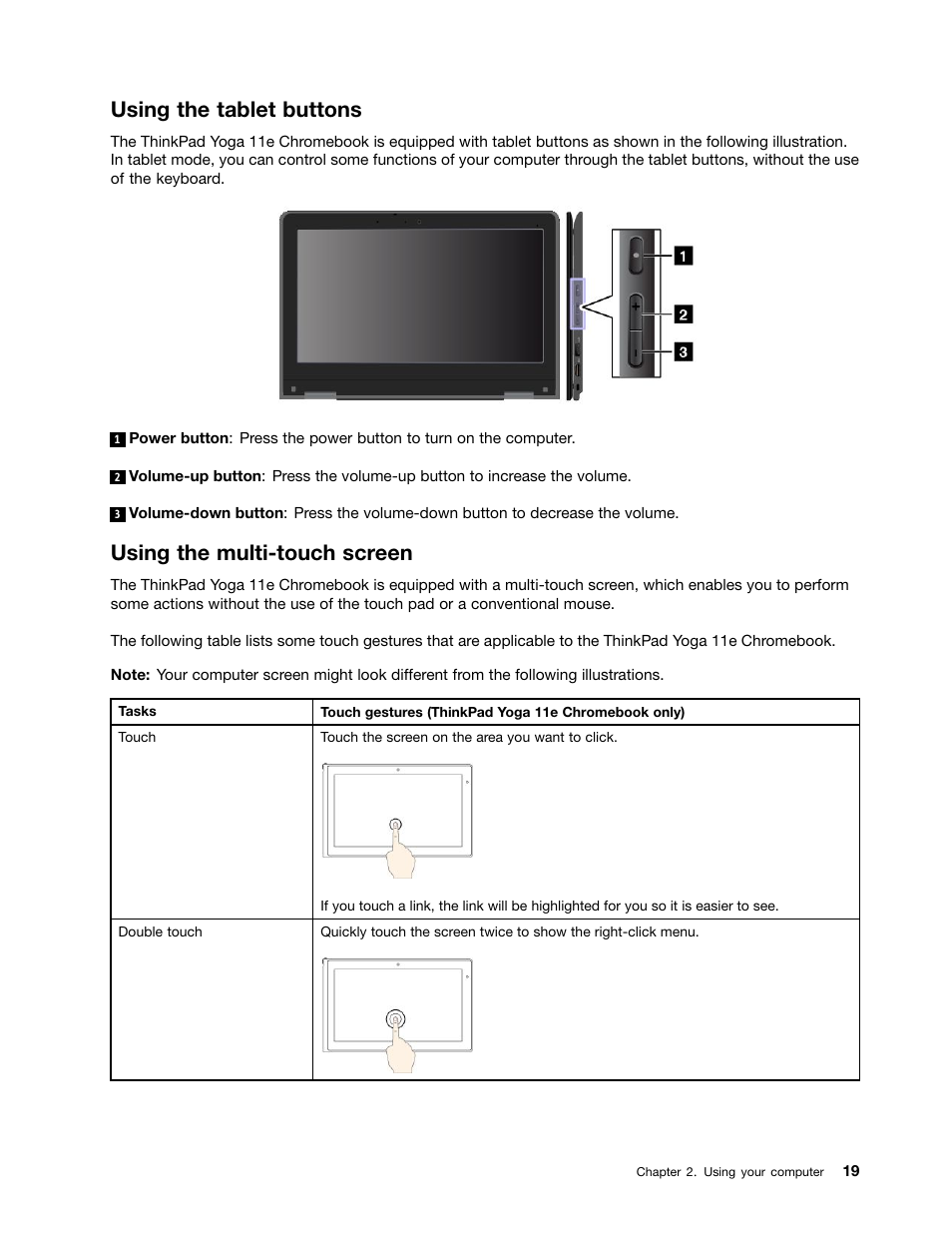 Using the tablet buttons, Using the multi-touch screen | Lenovo ThinkPad 11e Chromebook User Manual | Page 33 / 78