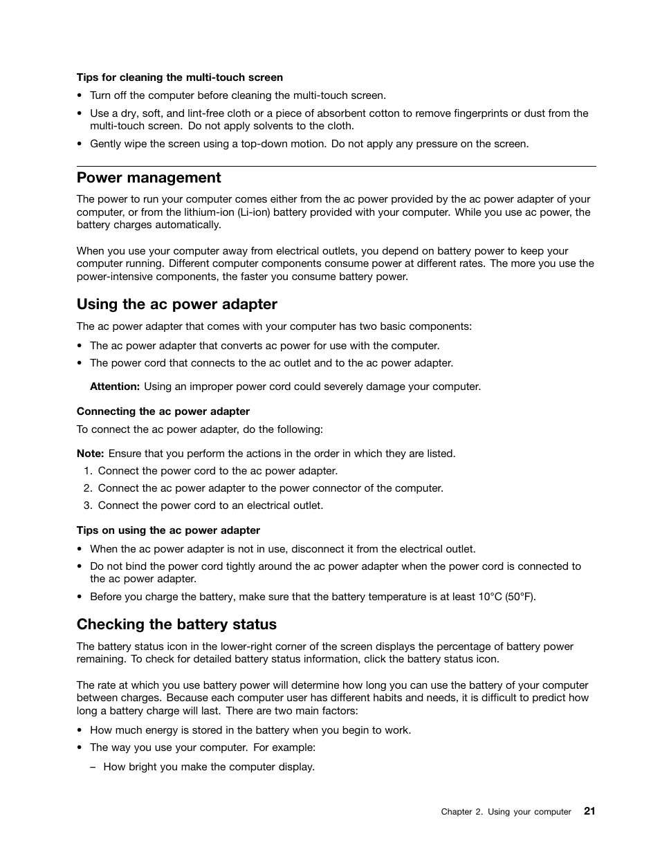 Power management, Using the ac power adapter, Checking the battery status | Lenovo ThinkPad 11e Chromebook User Manual | Page 35 / 78