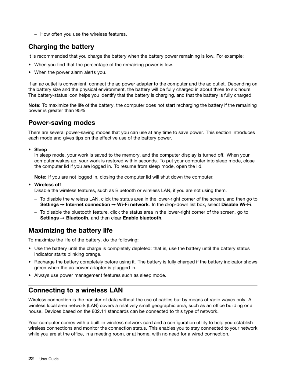 Charging the battery, Power-saving modes, Maximizing the battery life | Connecting to a wireless lan, Power-saving, Connecting to a wireless | Lenovo ThinkPad 11e Chromebook User Manual | Page 36 / 78