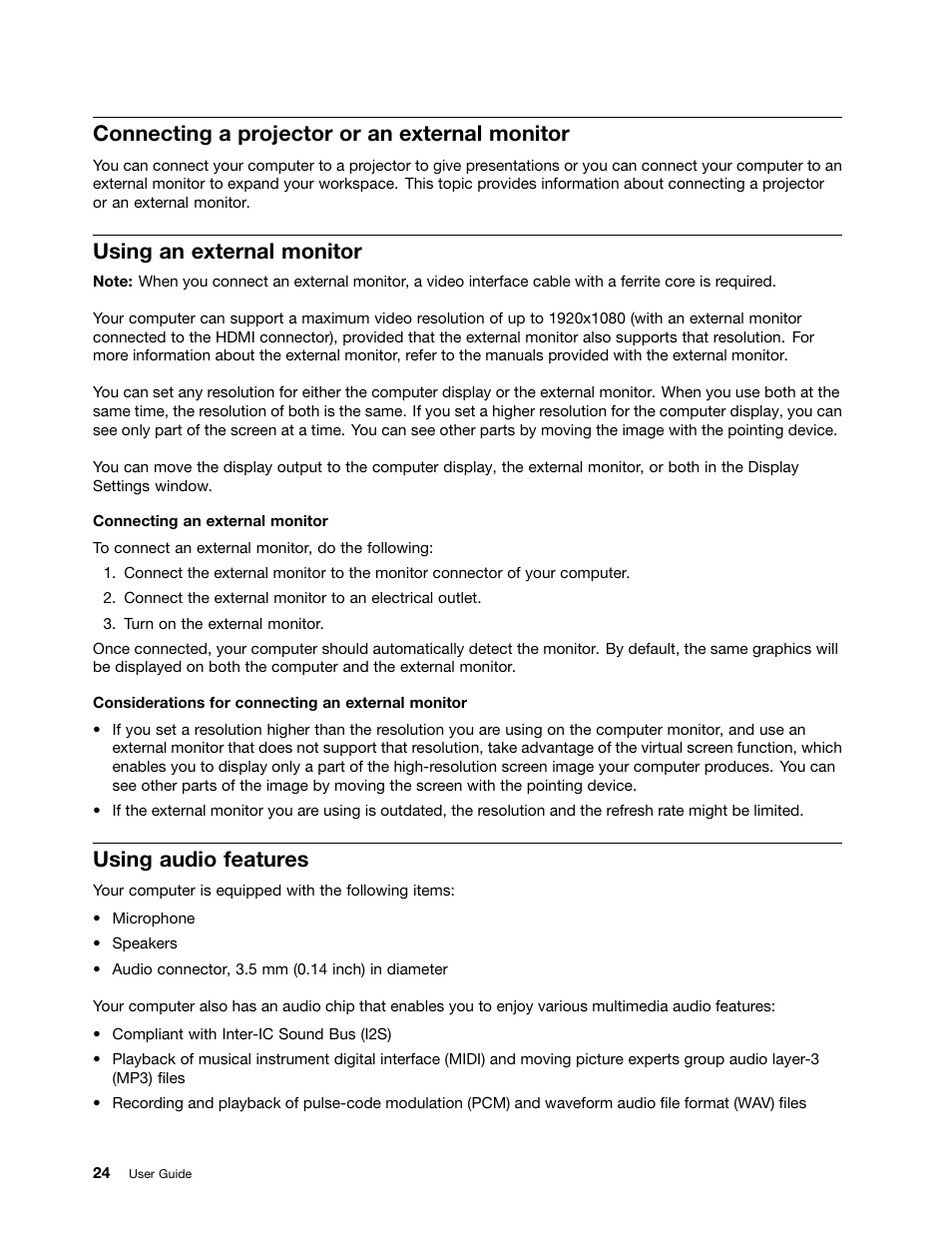 Connecting a projector or an external monitor, Using an external monitor, Using audio features | Lenovo ThinkPad 11e Chromebook User Manual | Page 38 / 78