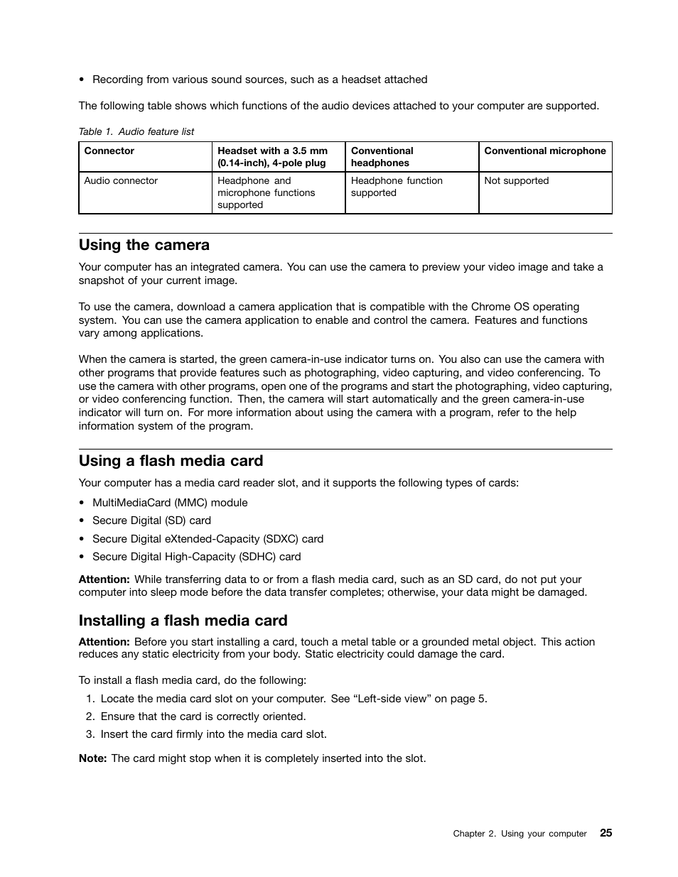 Using the camera, Using a flash media card, Installing a flash media card | Lenovo ThinkPad 11e Chromebook User Manual | Page 39 / 78