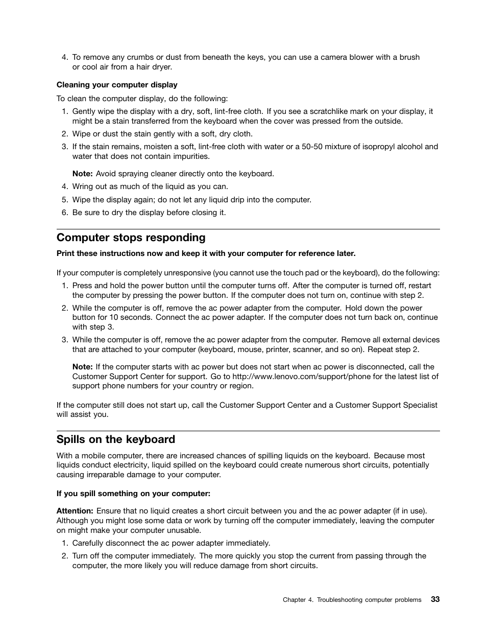 Computer stops responding, Spills on the keyboard | Lenovo ThinkPad 11e Chromebook User Manual | Page 47 / 78