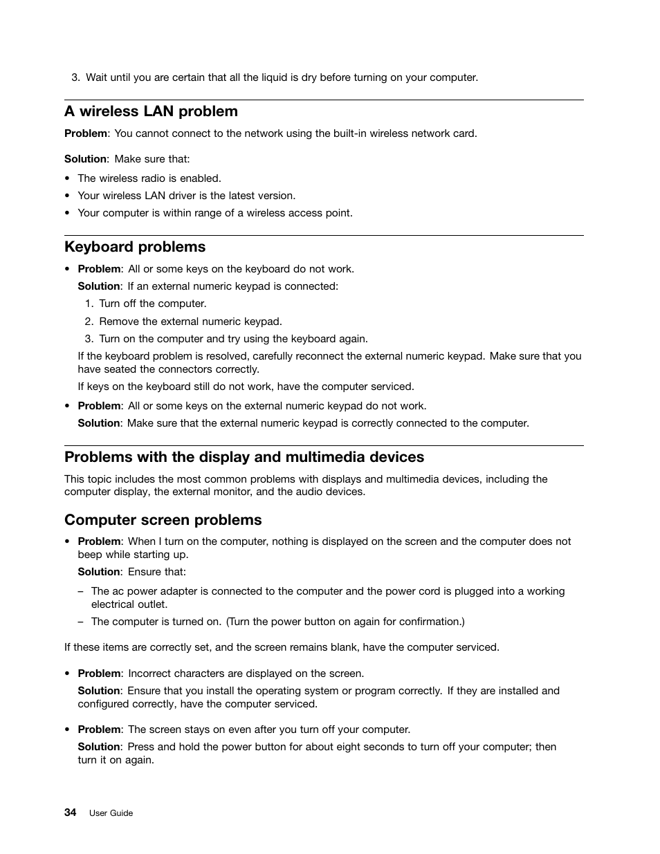 A wireless lan problem, Keyboard problems, Problems with the display and multimedia devices | Computer screen problems | Lenovo ThinkPad 11e Chromebook User Manual | Page 48 / 78