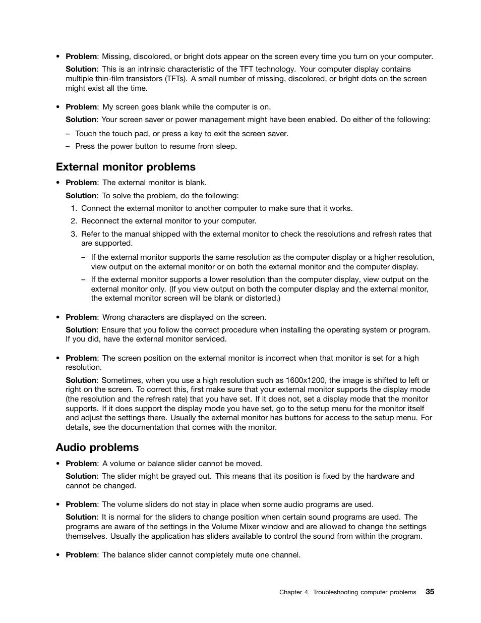 External monitor problems, Audio problems | Lenovo ThinkPad 11e Chromebook User Manual | Page 49 / 78