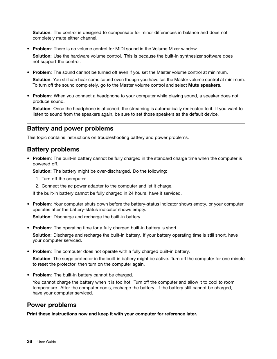 Battery and power problems, Battery problems, Power problems | Lenovo ThinkPad 11e Chromebook User Manual | Page 50 / 78
