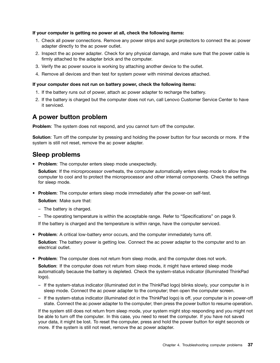 A power button problem, Sleep problems | Lenovo ThinkPad 11e Chromebook User Manual | Page 51 / 78