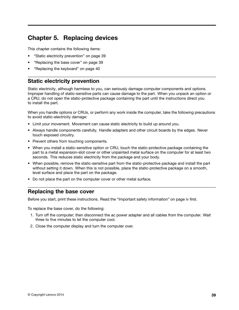 Chapter 5. replacing devices, Static electricity prevention, Replacing the base cover | Lenovo ThinkPad 11e Chromebook User Manual | Page 53 / 78