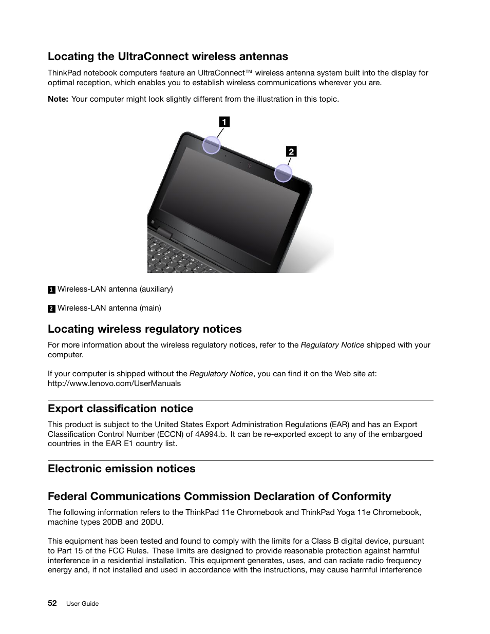 Locating the ultraconnect wireless antennas, Locating wireless regulatory notices, Export classification notice | Electronic emission notices | Lenovo ThinkPad 11e Chromebook User Manual | Page 66 / 78