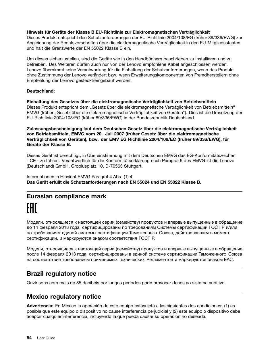 Eurasian compliance mark, Brazil regulatory notice, Mexico regulatory notice | Lenovo ThinkPad 11e Chromebook User Manual | Page 68 / 78