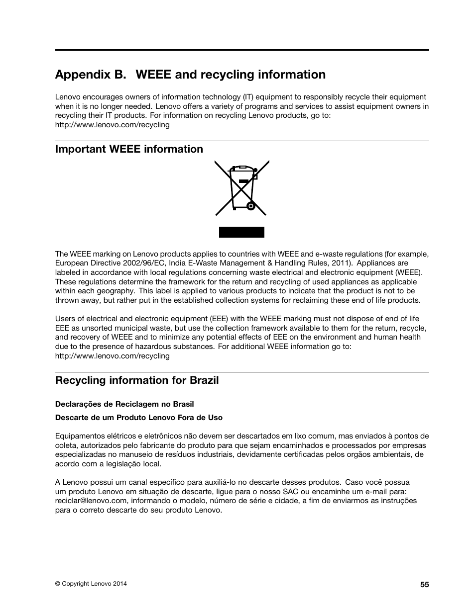 Appendix b. weee and recycling information, Important weee information, Recycling information for brazil | Lenovo ThinkPad 11e Chromebook User Manual | Page 69 / 78