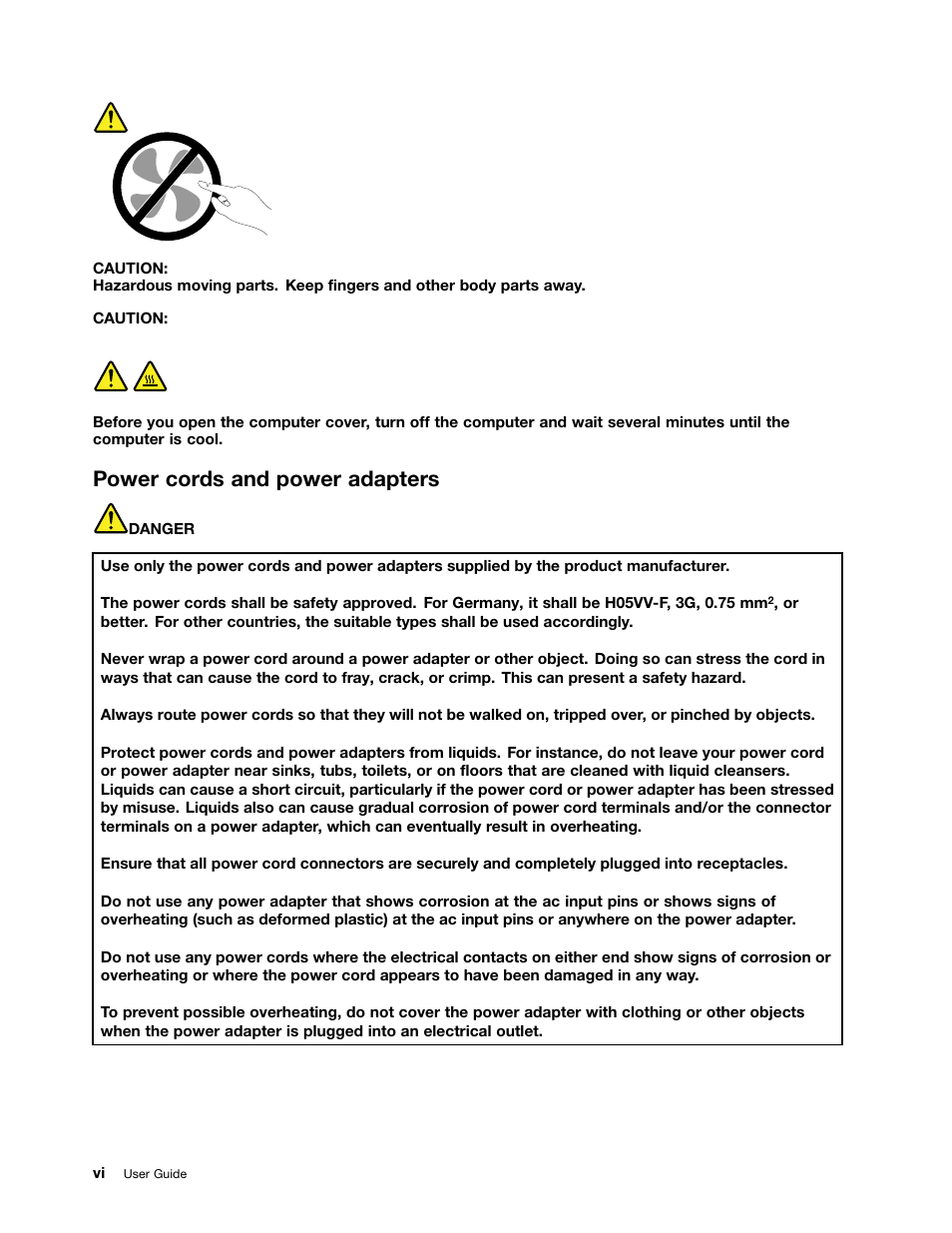 Power cords and power adapters, Power cords and power adapters . . . . . . vi | Lenovo ThinkPad 11e Chromebook User Manual | Page 8 / 78