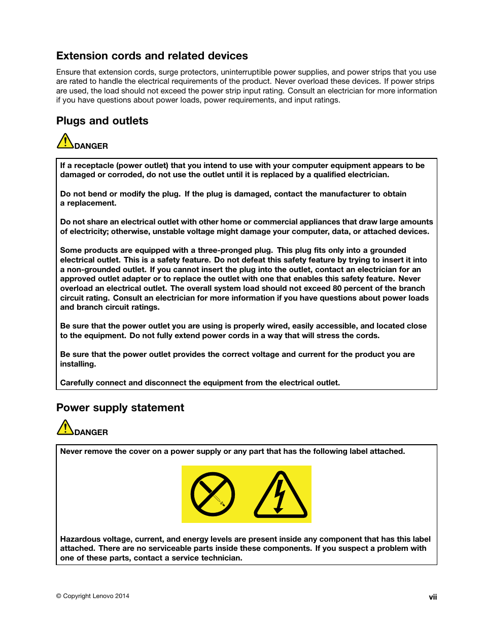 Extension cords and related devices, Plugs and outlets, Power supply statement | Lenovo ThinkPad 11e Chromebook User Manual | Page 9 / 78