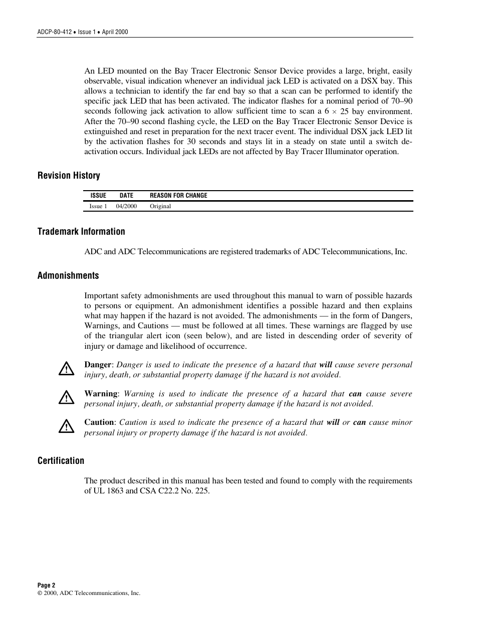 Revision history, Trademark information, Admonishments | Certification, Product description | ADC P-80-412 User Manual | Page 2 / 10