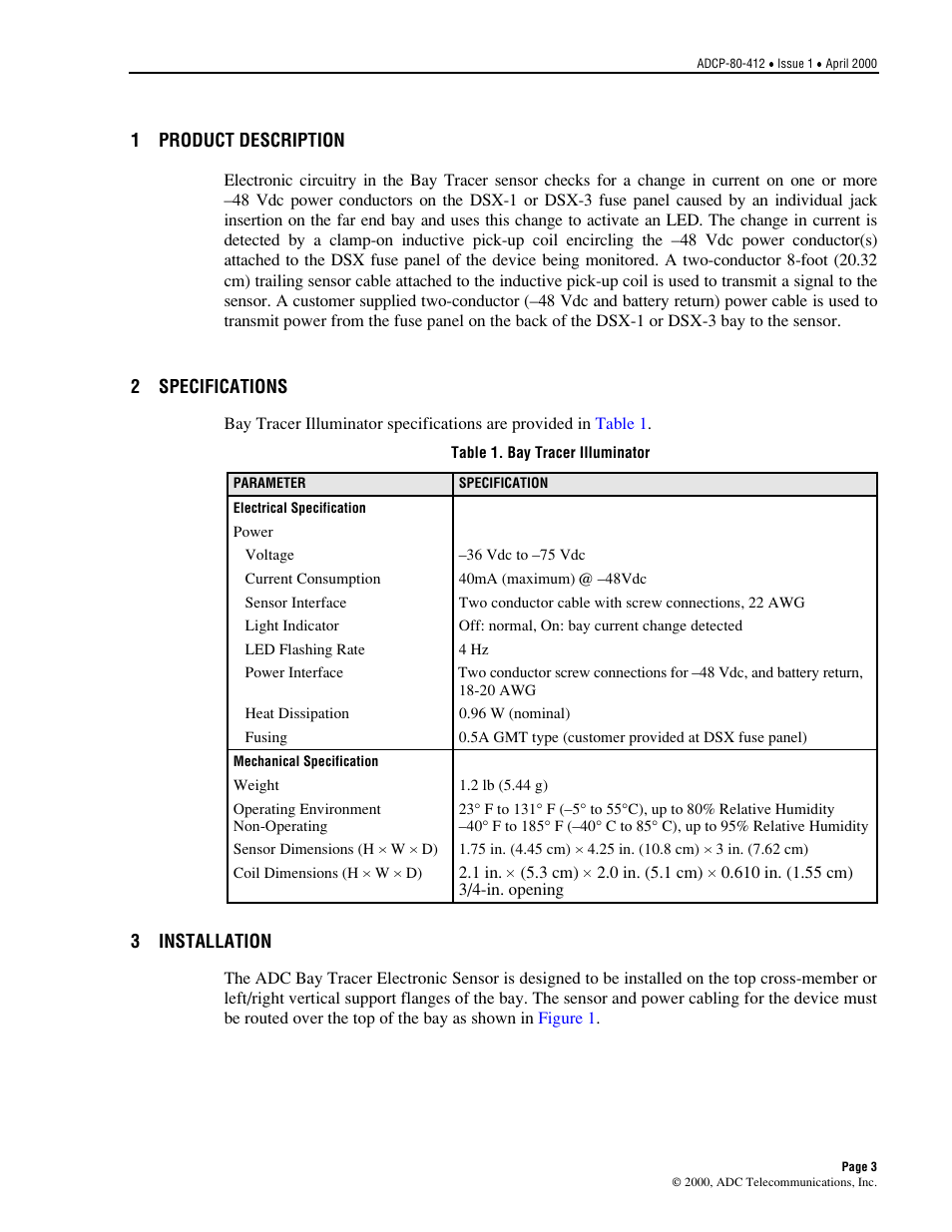 Product description, Specifications, Installation | ADC P-80-412 User Manual | Page 3 / 10