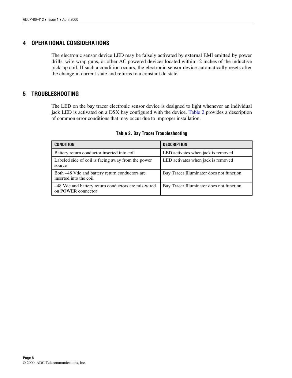 Operational considerations, Troubleshooting, Customer information and assistance | ADC P-80-412 User Manual | Page 8 / 10